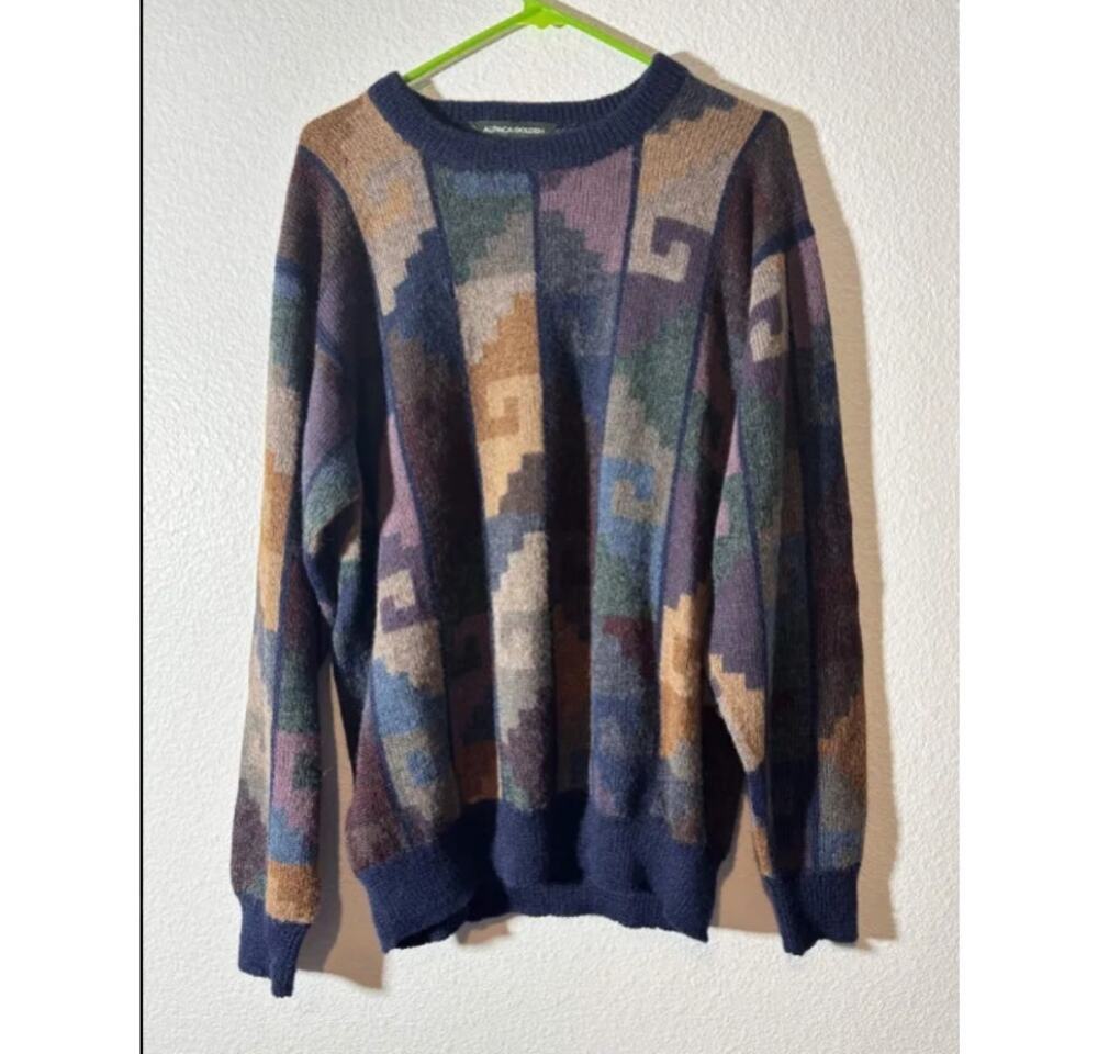 Alpaca Golden Vintage Mens Size XL Baby Alpaca Abstract Tapestry Pattern Sweater